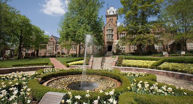 Fountain in front of historic building